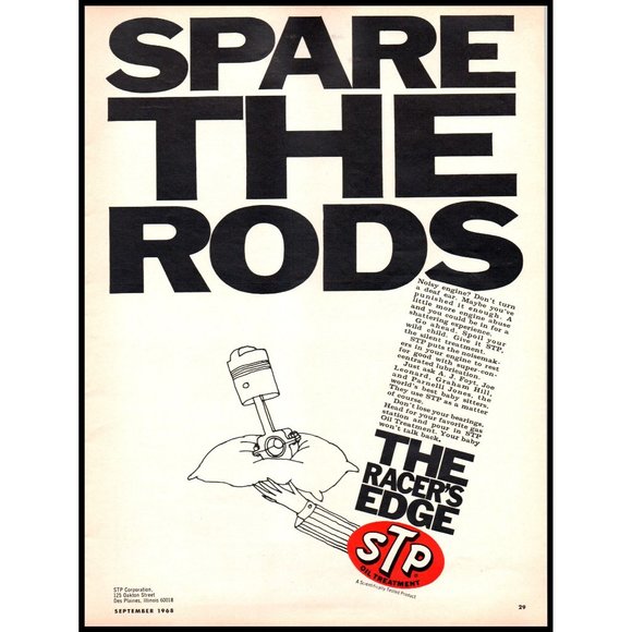 1968 STP Oil Treatment Spare The Rods Vintage Print Ad Man Cave Wall Art Decor - Picture 1 of 1